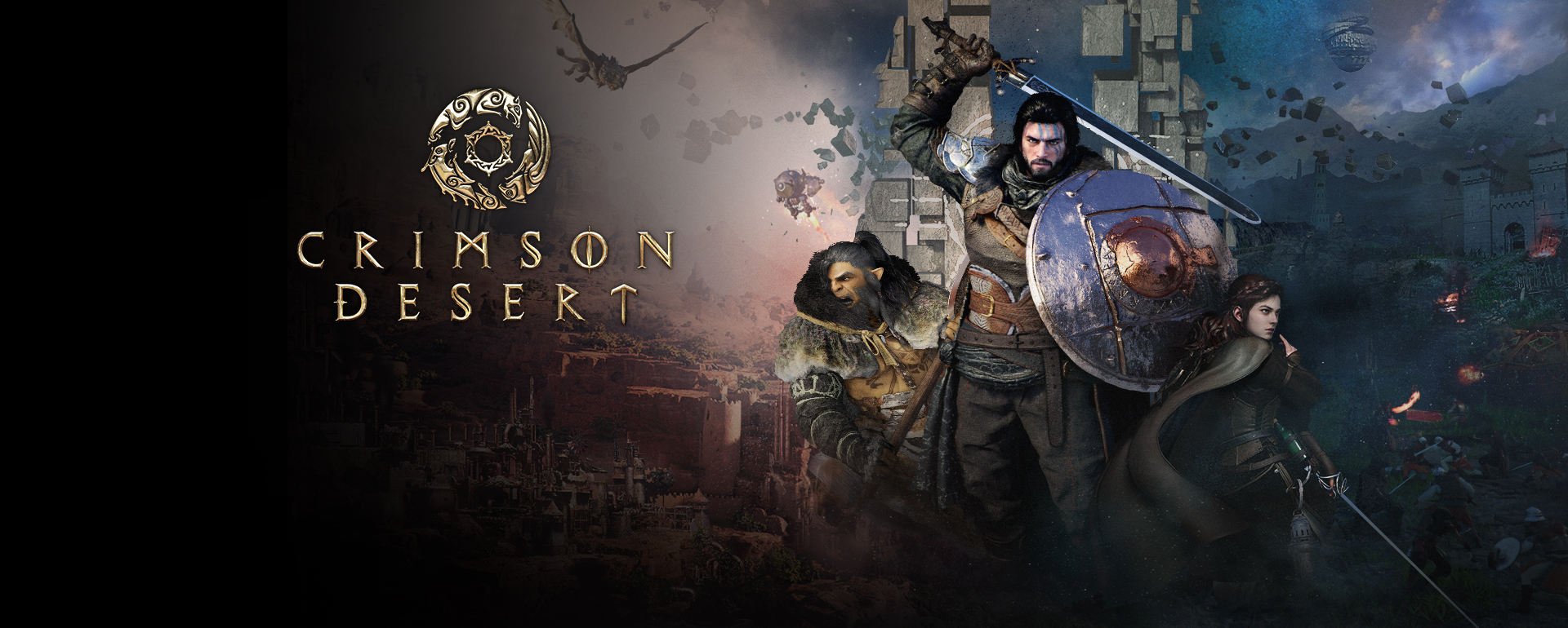 Key art oficial de Crimson Desert com Kliff e aliados em Pywel