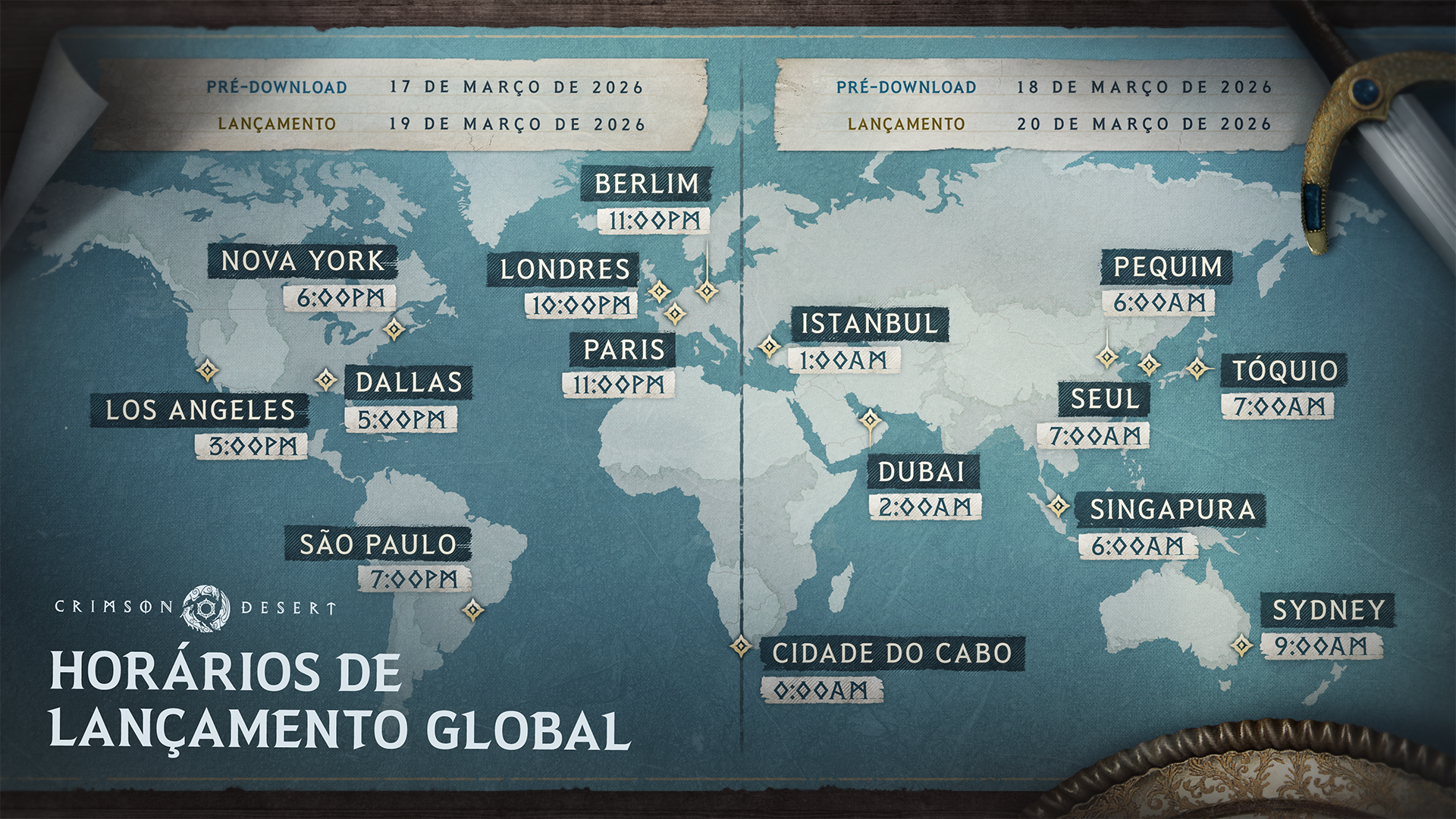 Mapa oficial com horários globais de lançamento de Crimson Desert, incluindo São Paulo 19:00